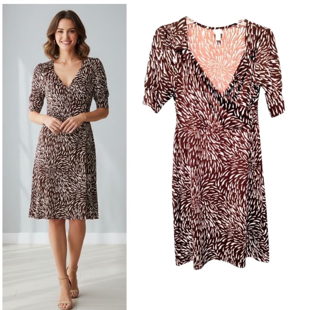 Faux Wrap Midi Dress Women's Sz S Brown White Stretch Knit Short Sleeve Career
